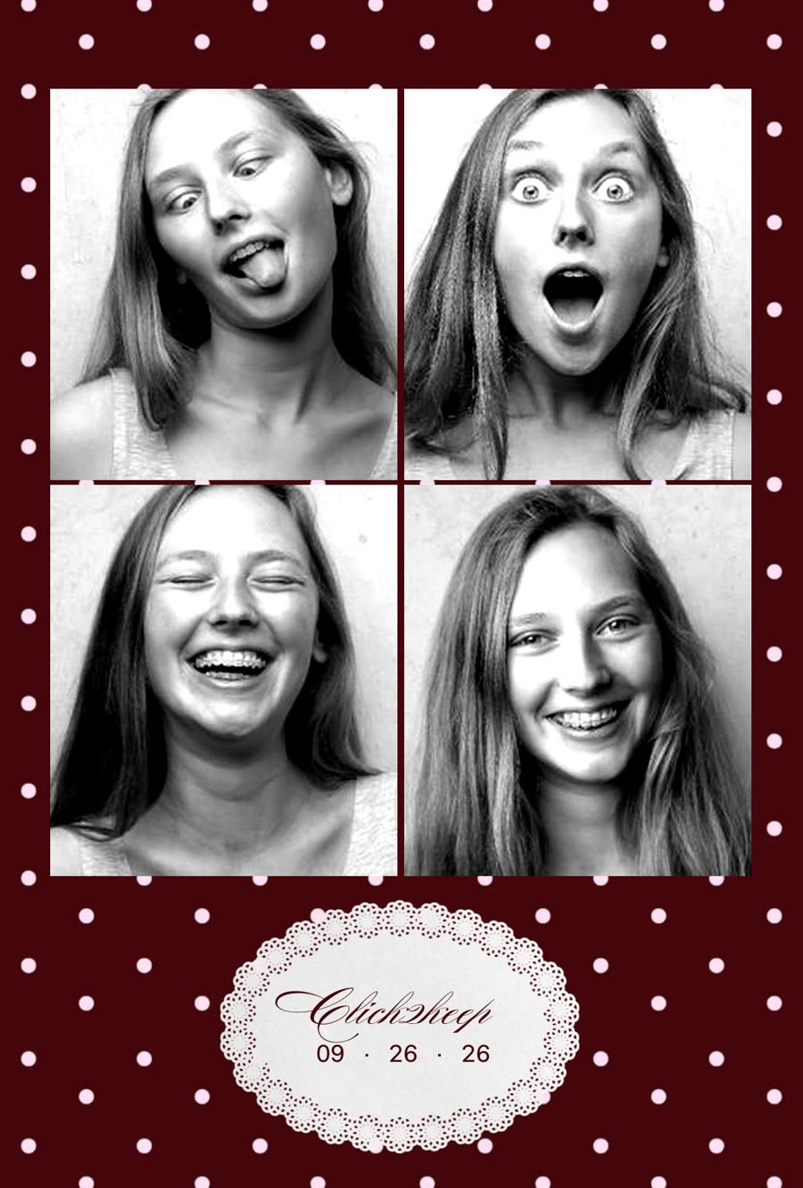 Colored 4R print, maroon polka-dot four-shot strip